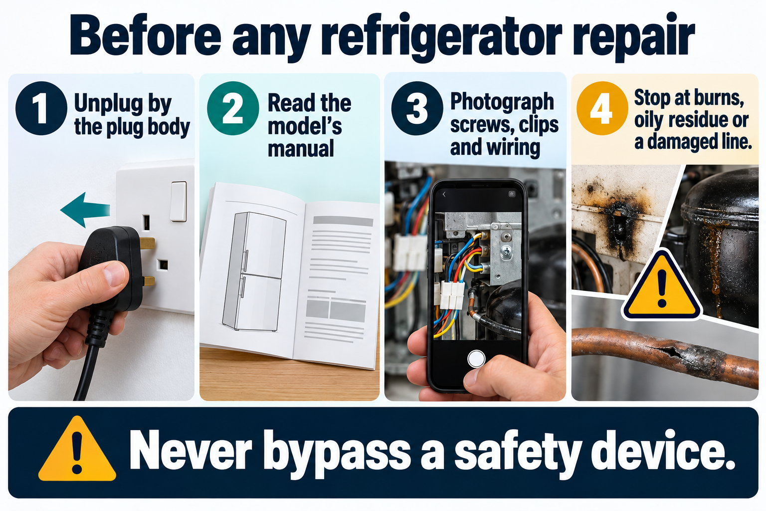 Four refrigerator repair safety steps: unplug by the plug body, read the model manual, photograph screws clips and wiring, and stop at burns oily residue or a damaged line