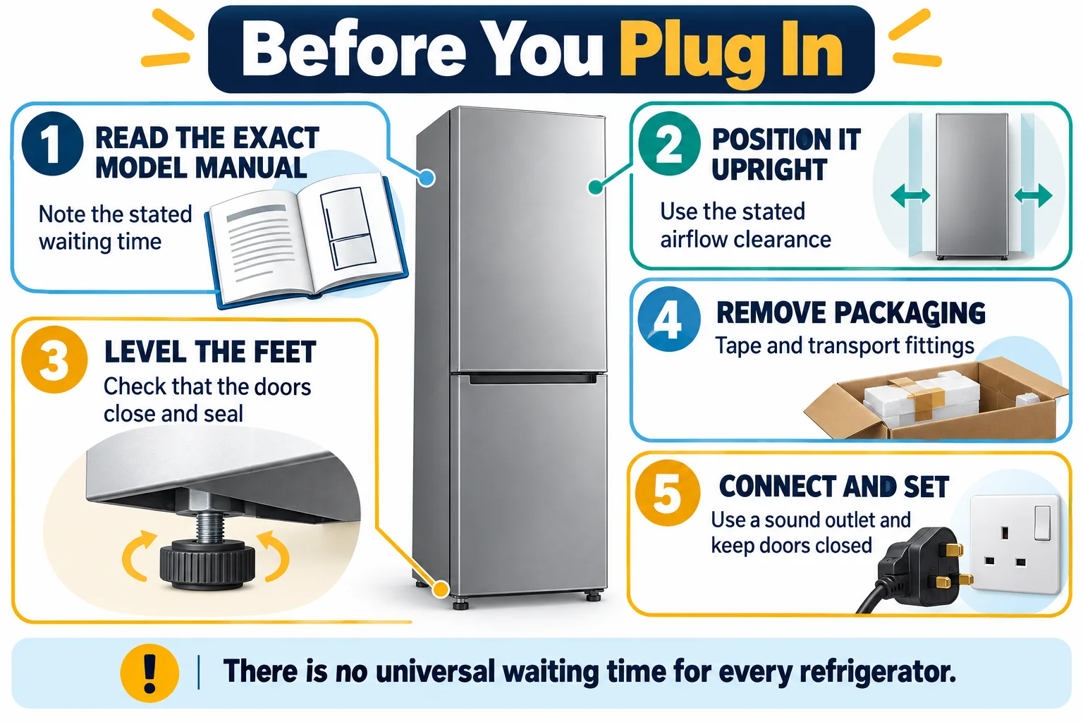 Five refrigerator setup steps before plugging in: read the model manual, keep upright with clearance, level the feet, remove packaging, and use a sound UK outlet