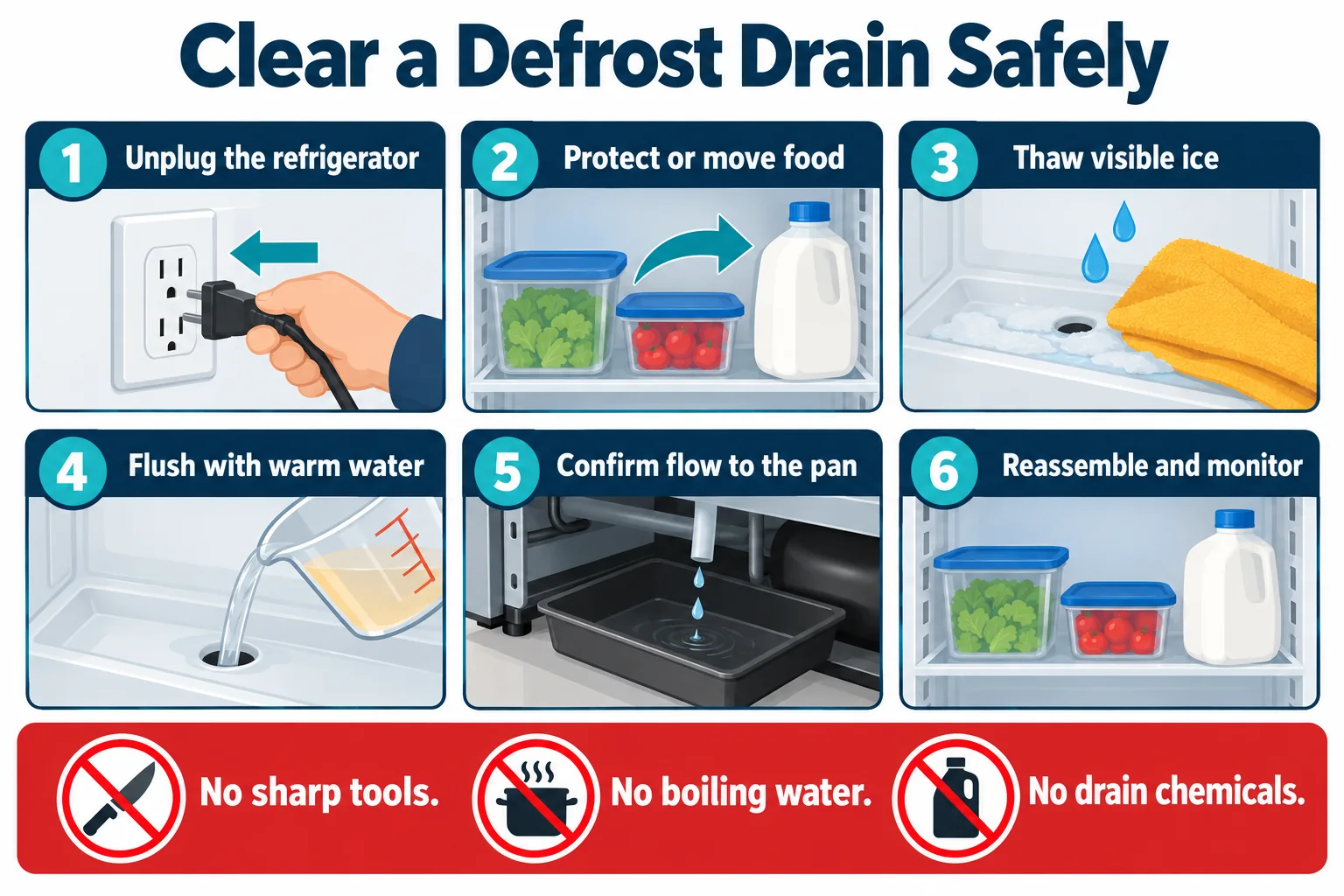 Six safe steps for clearing a refrigerator defrost drain without sharp tools, boiling water or chemicals