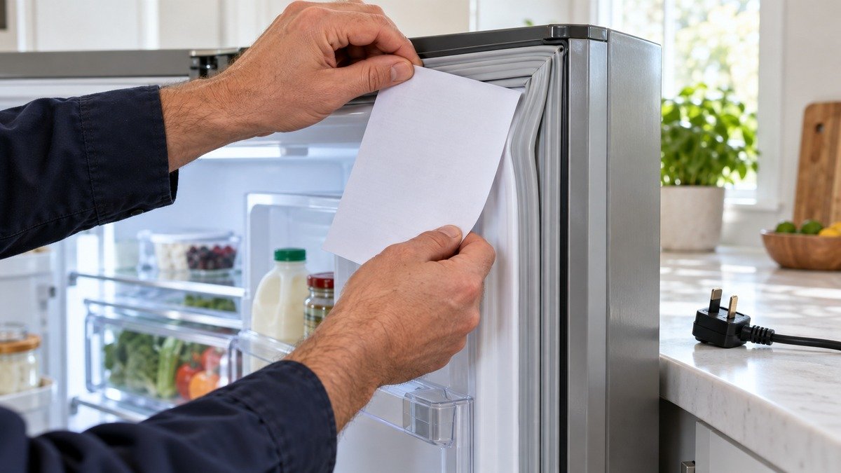 Technician testing a refrigerator door gasket with paper while the appliance is unplugged