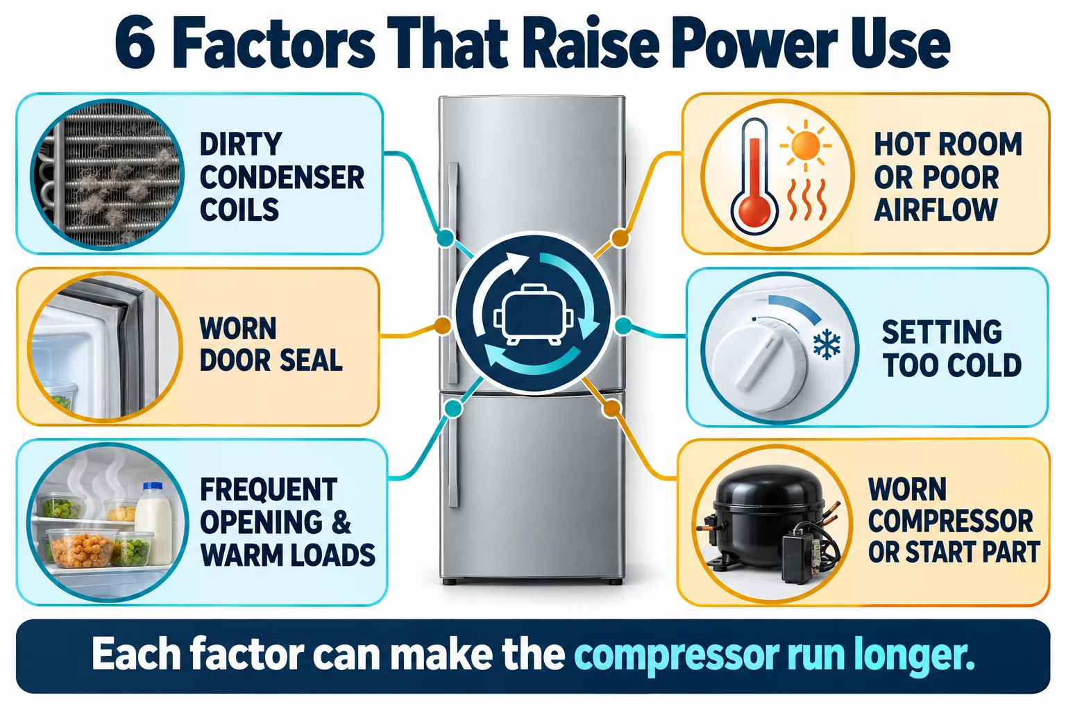 Six factors that raise refrigerator power use: dirty coils, worn door seal, frequent opening and warm loads, hot room or poor airflow, a setting that is too cold, and a worn compressor or start part
