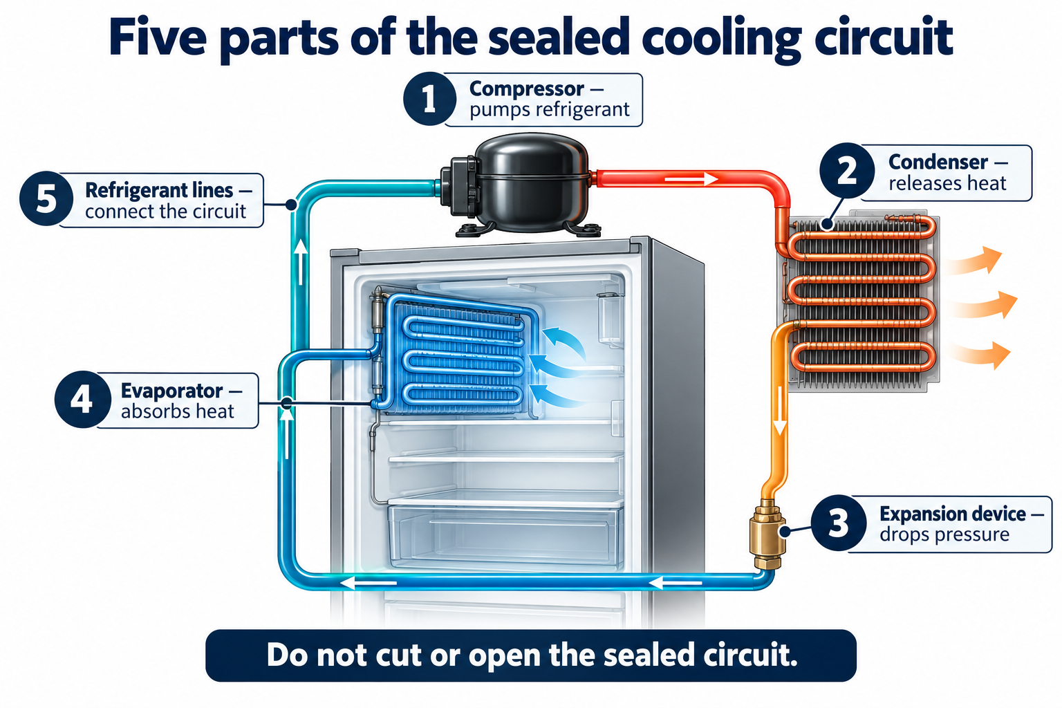 Diagram of the five parts in a refrigerator sealed cooling circuit: compressor, condenser, expansion device, evaporator and refrigerant lines