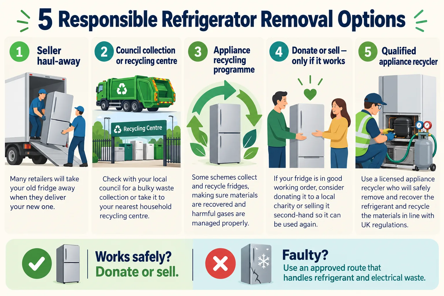 Five responsible refrigerator removal options: seller haul-away, council collection or recycling centre, appliance recycling programme, donation or sale if working, and a qualified appliance recycler