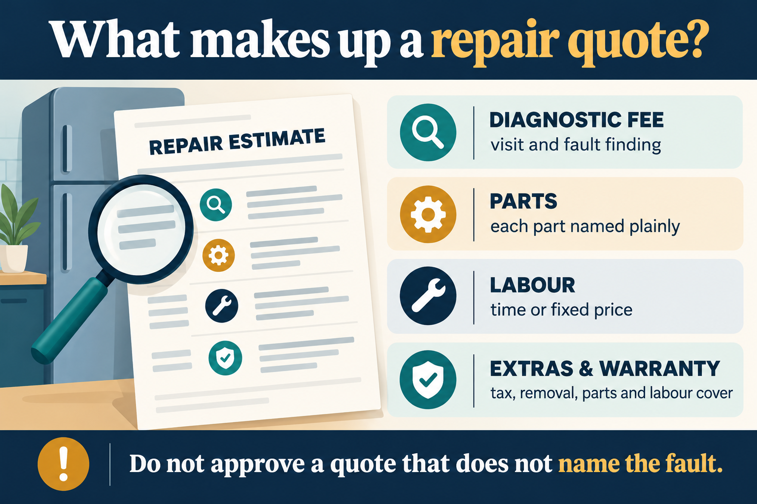 Infographic showing the four essential lines in a refrigerator repair quote: diagnostic fee, parts, labour, and extras with warranty