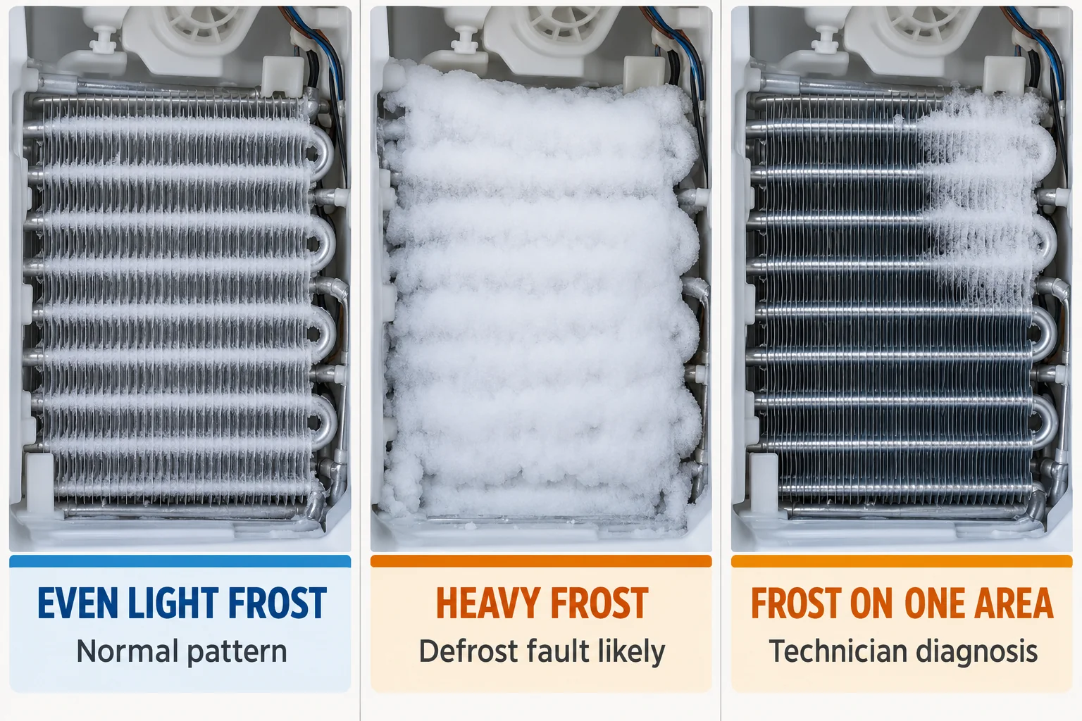 Comparison of an even evaporator frost pattern, heavy frost from a likely defrost fault, and frost limited to one area
