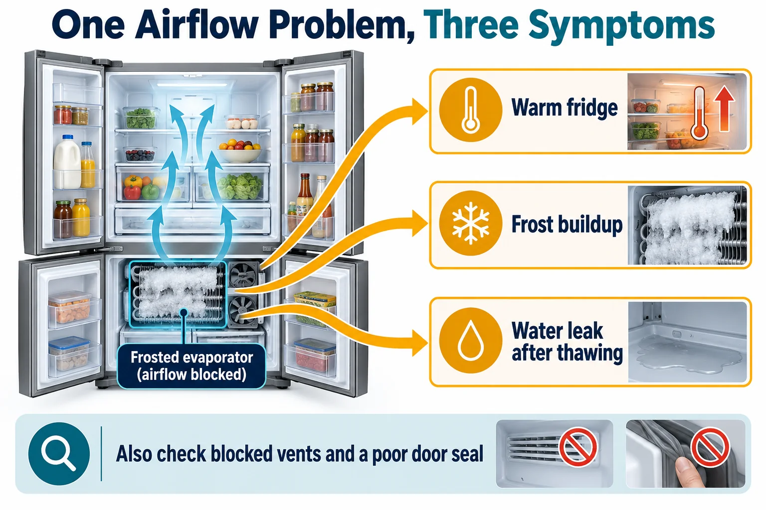 French-door refrigerator cutaway showing how a frosted evaporator can cause a warm fridge, frost buildup and a water leak after thawing