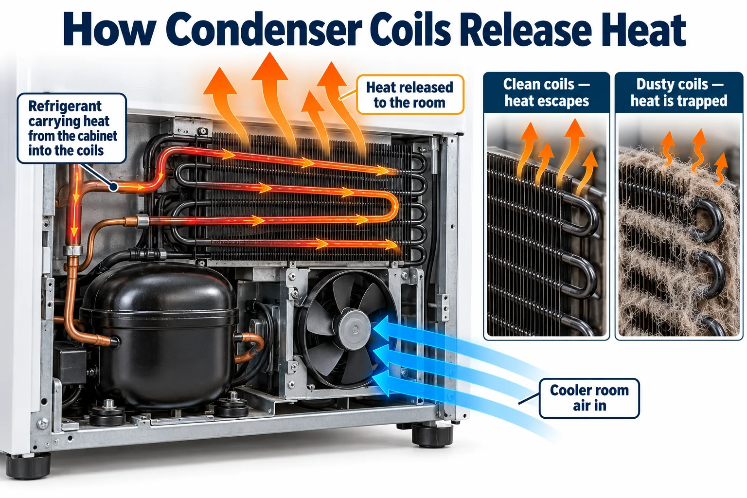 Infographic showing refrigerator condenser coils releasing heat and how dust traps heat