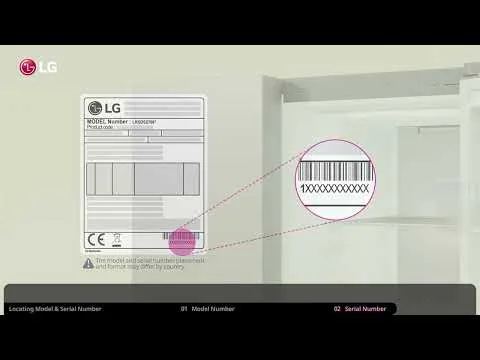 LG USA Support video showing the refrigerator model and serial number label inside the cabinet