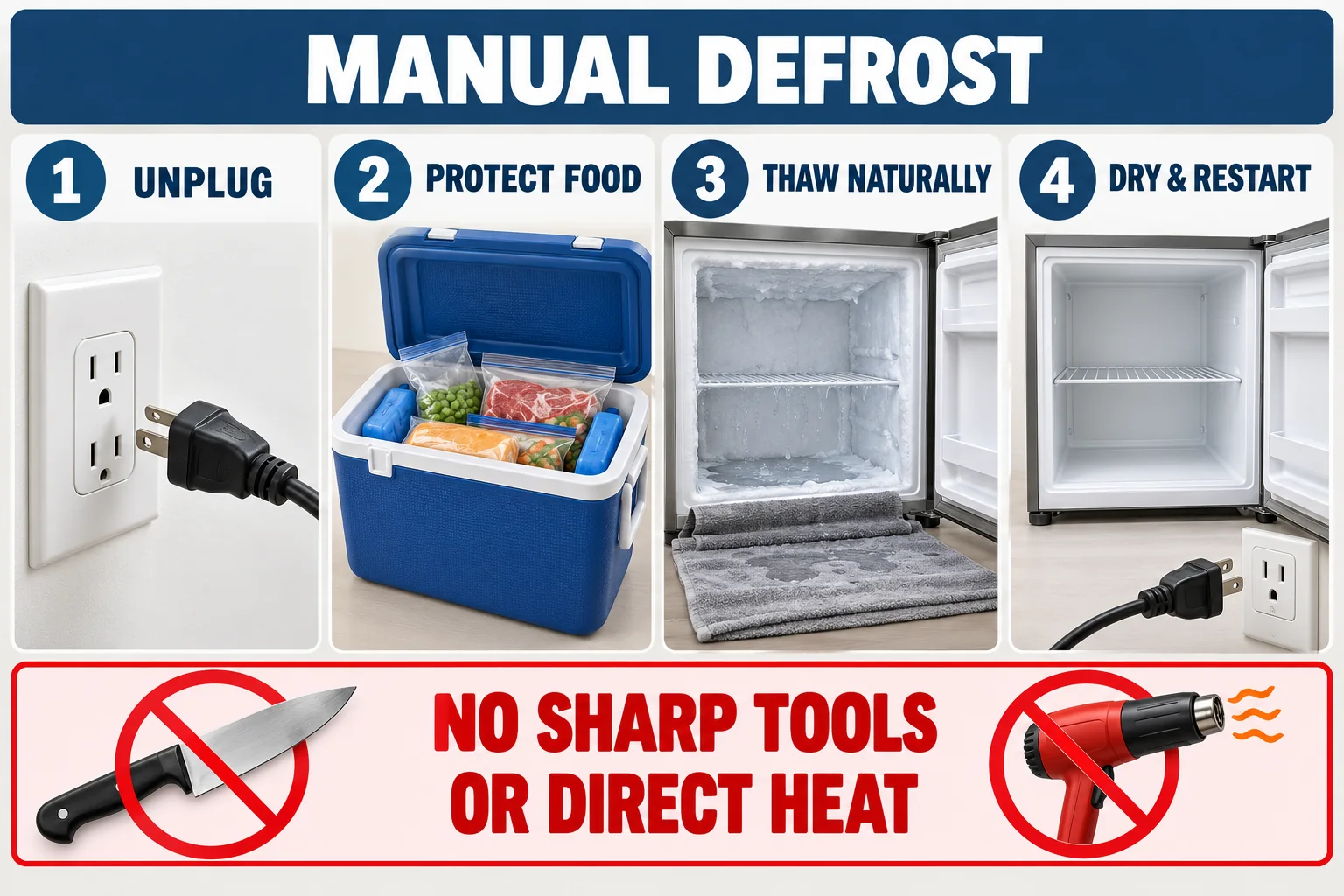 Four safe manual freezer defrost steps: unplug, protect food, thaw naturally, then dry and restart