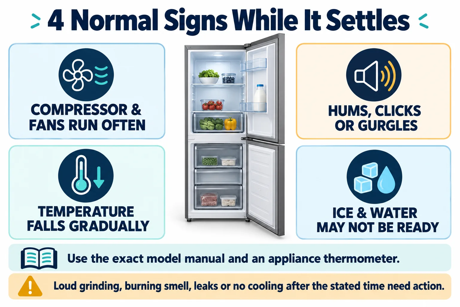Four normal refrigerator startup signs: compressor and fans run often, hums clicks or gurgles, temperature falls gradually, and ice or water may not be ready