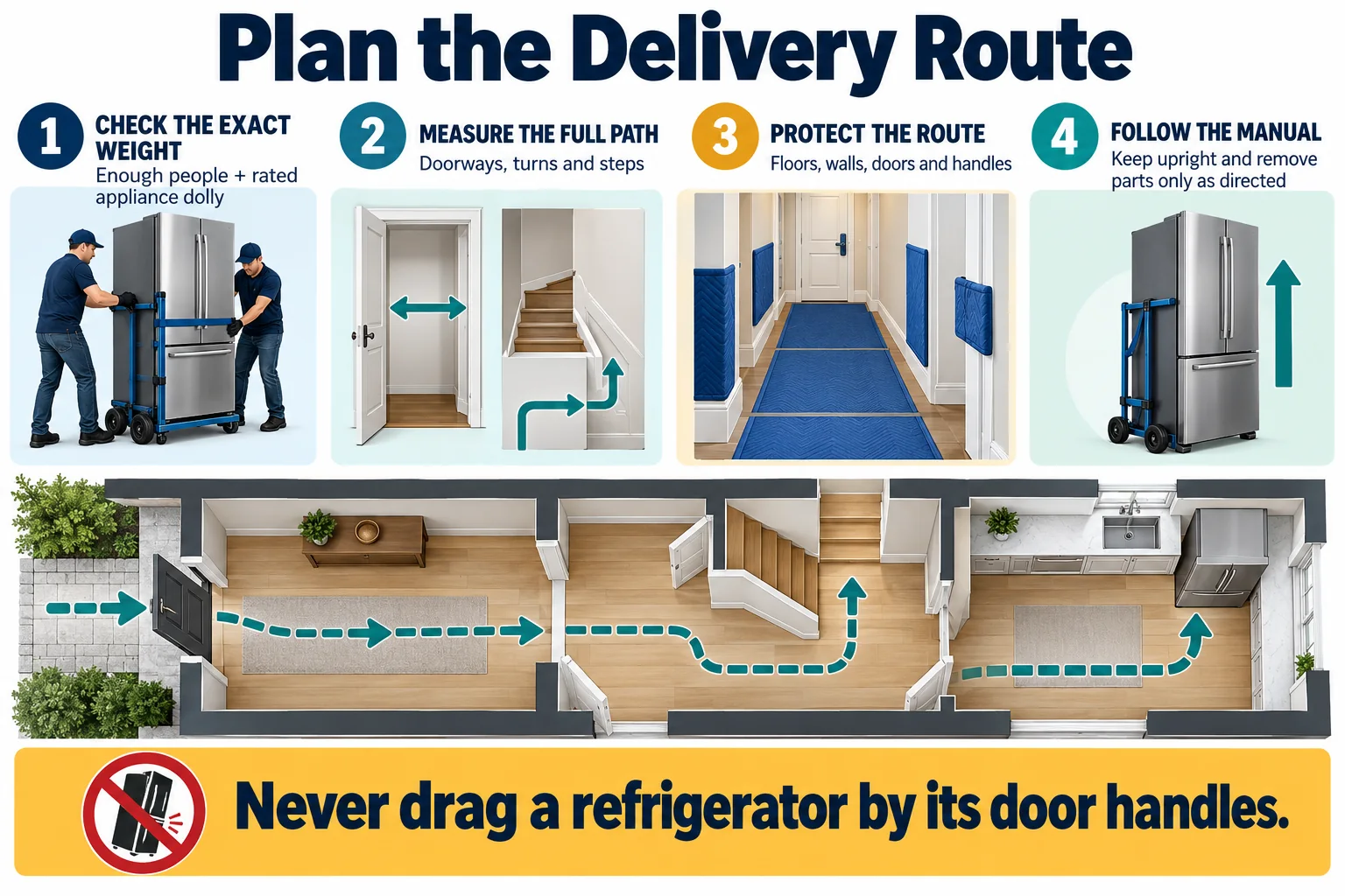 Four-step refrigerator delivery route plan covering appliance weight, doorways and turns, route protection, and keeping the refrigerator upright