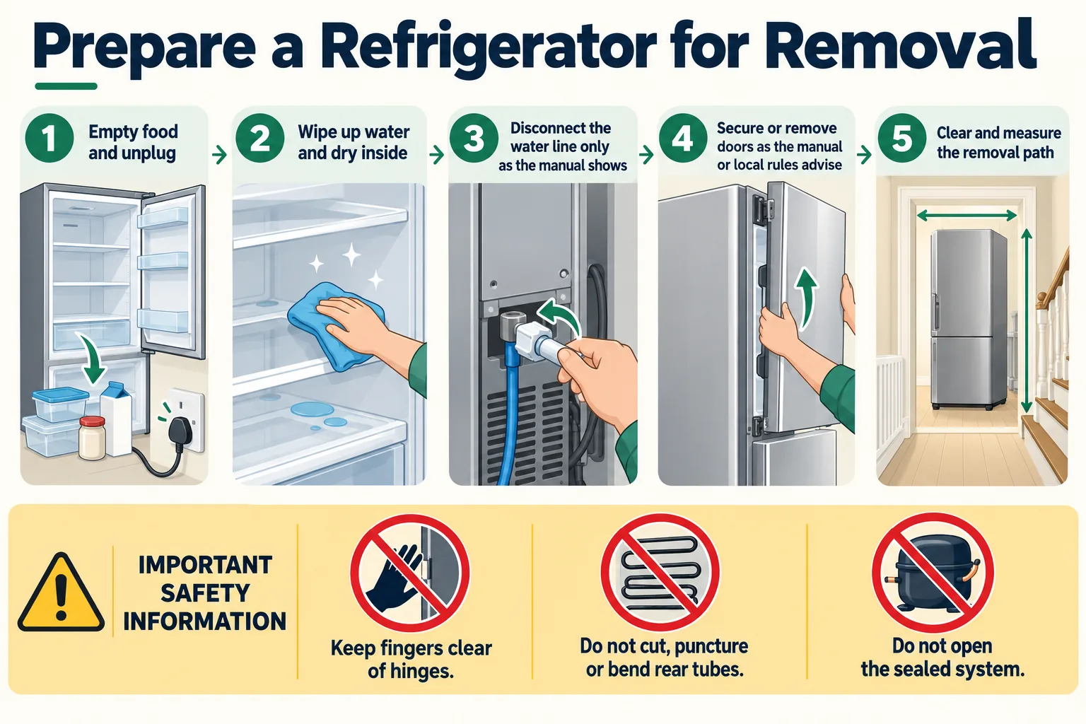 Five refrigerator removal preparation steps: empty and unplug, dry the inside, disconnect the water line as instructed, secure or remove doors, and clear the measured route