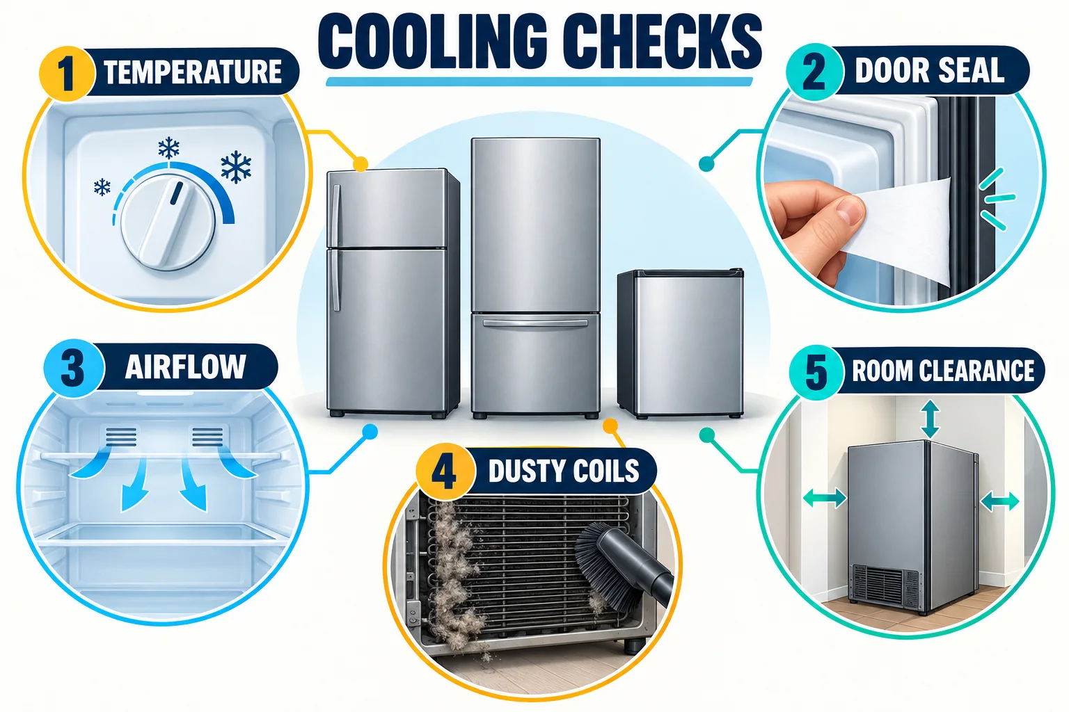 Five refrigerator cooling checks: temperature, door seal, airflow, dusty coils and room clearance
