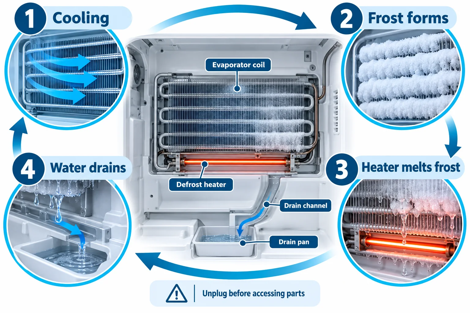 Four-step frost-free refrigerator defrost cycle showing cooling, frost forming, the heater melting frost and water draining
