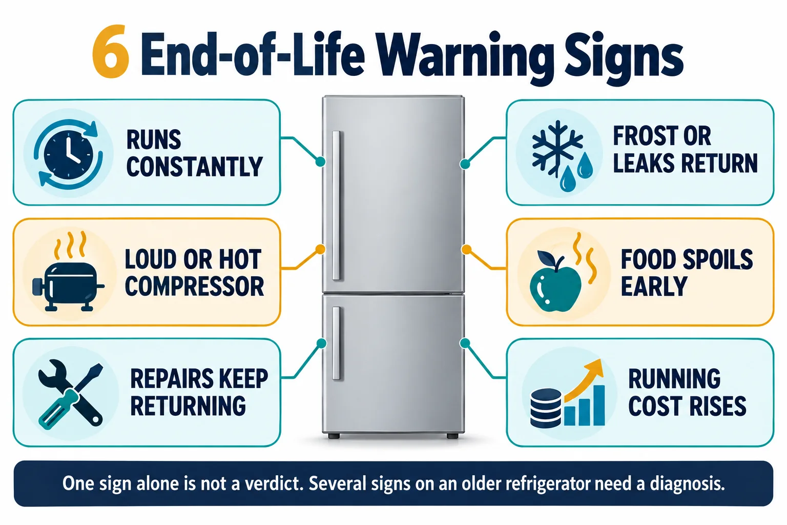 Six refrigerator end-of-life warning signs: constant running, a loud or hot compressor, repeat repairs, recurring frost or leaks, early food spoilage and rising running cost