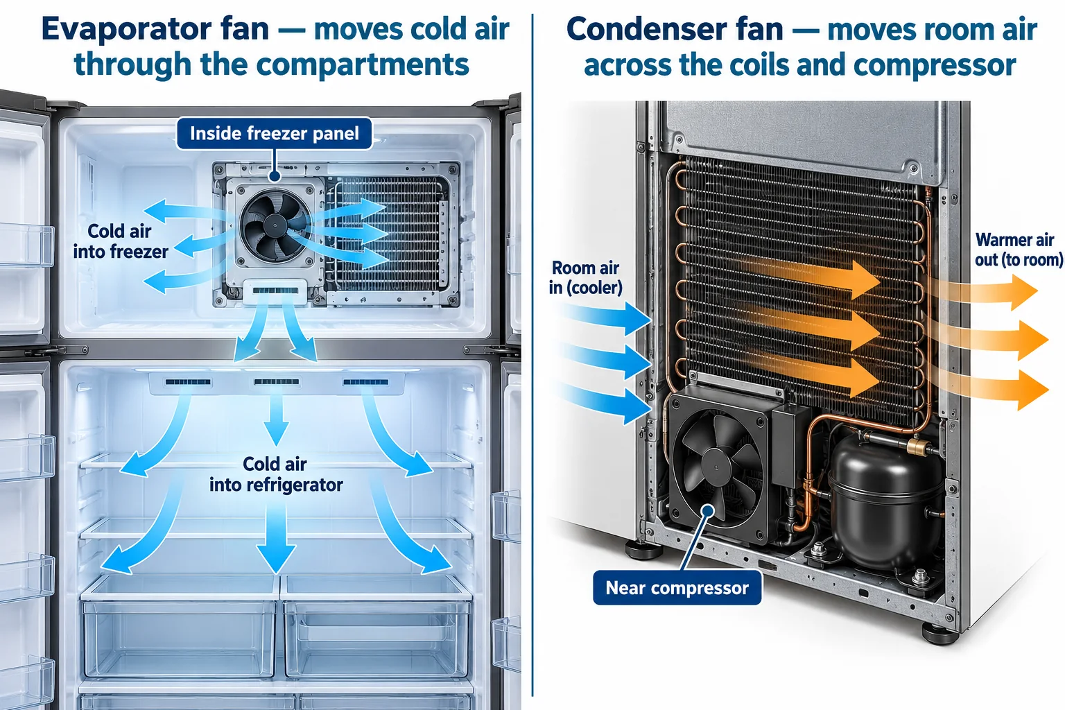 Diagram comparing evaporator and condenser fan locations and airflow paths in a refrigerator