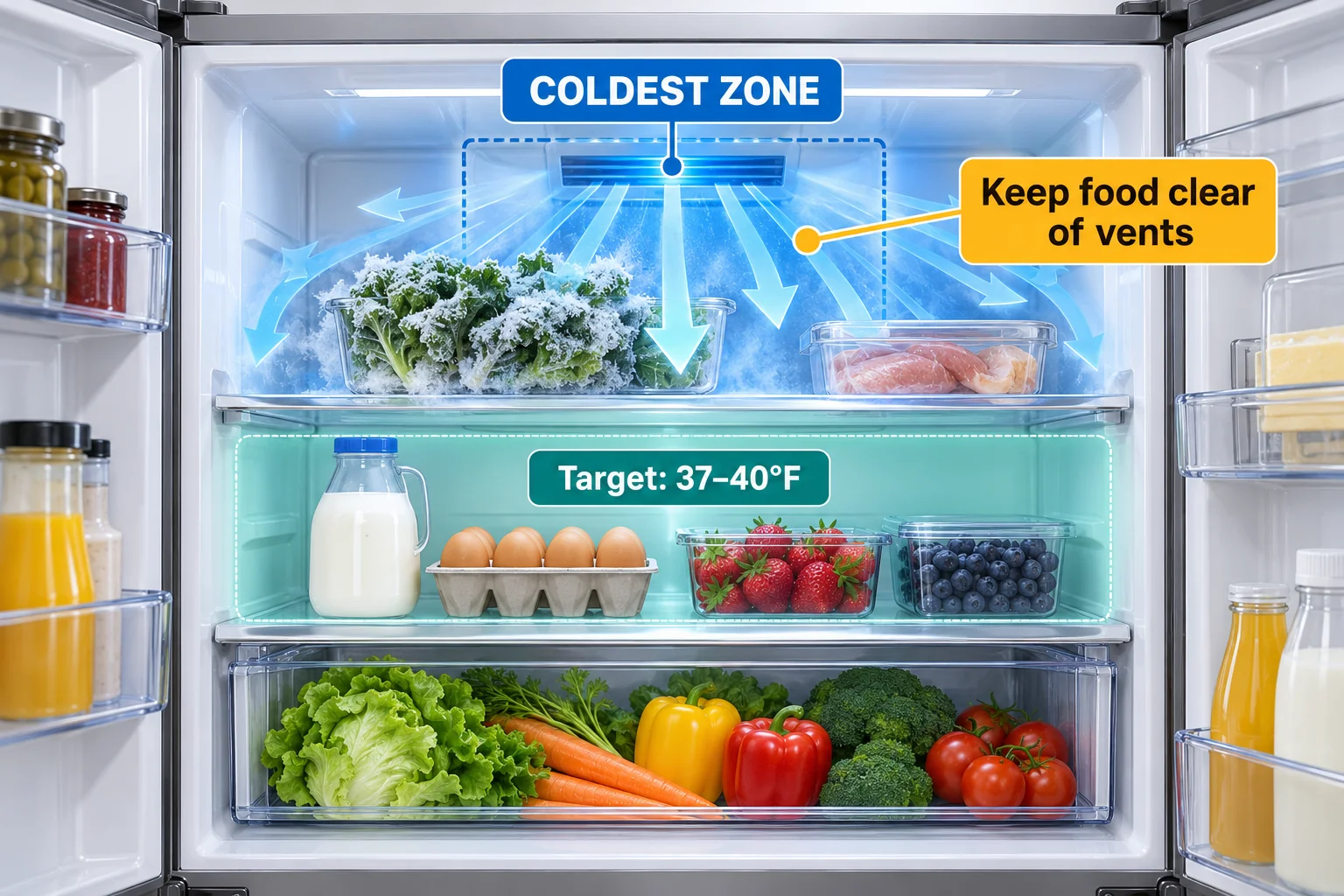 Refrigerator temperature-zone diagram showing frozen food near the cold-air vent and a target range of 37 to 40 degrees Fahrenheit