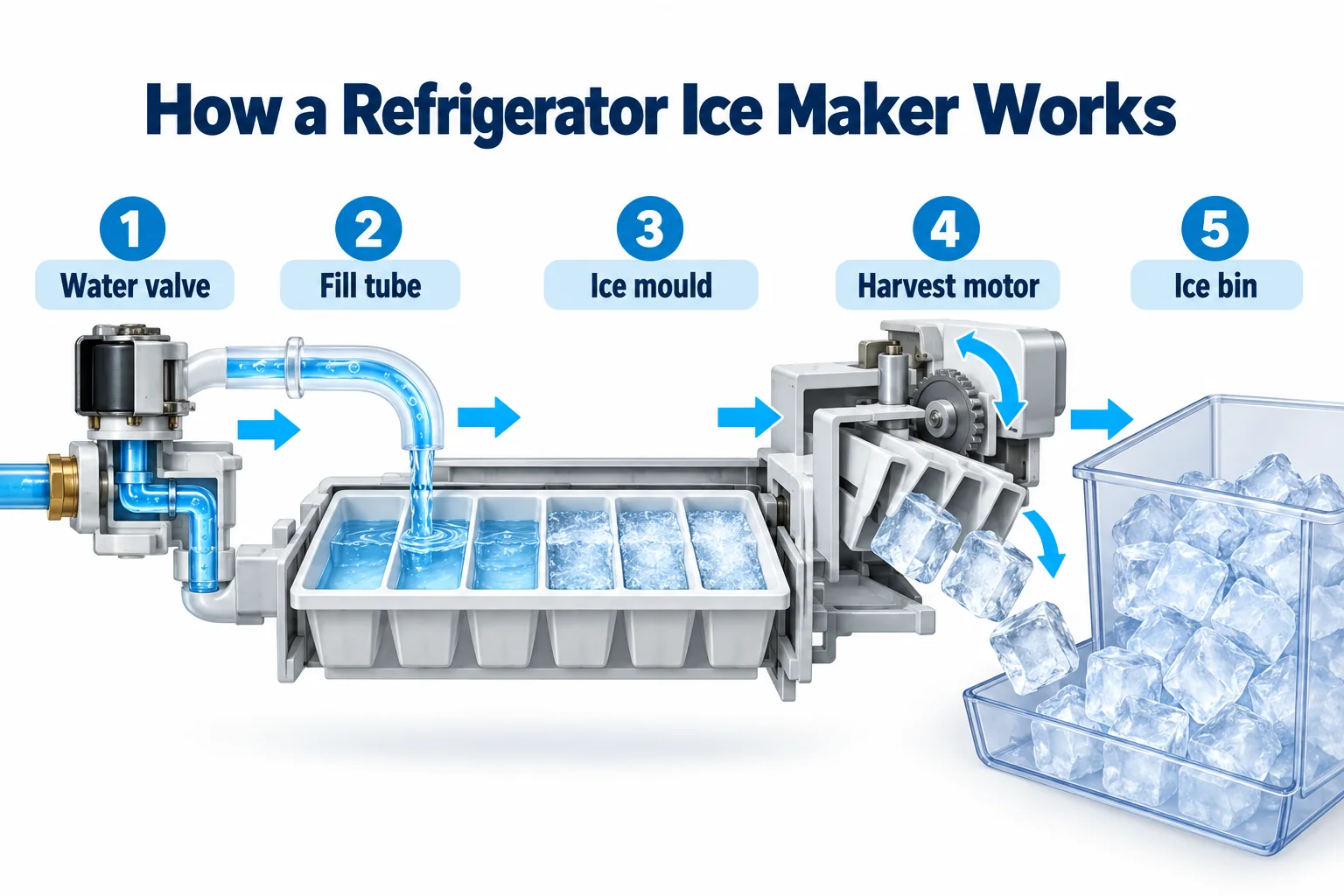 Five-step diagram showing the water valve, fill tube, ice mould, harvest motor and ice bin