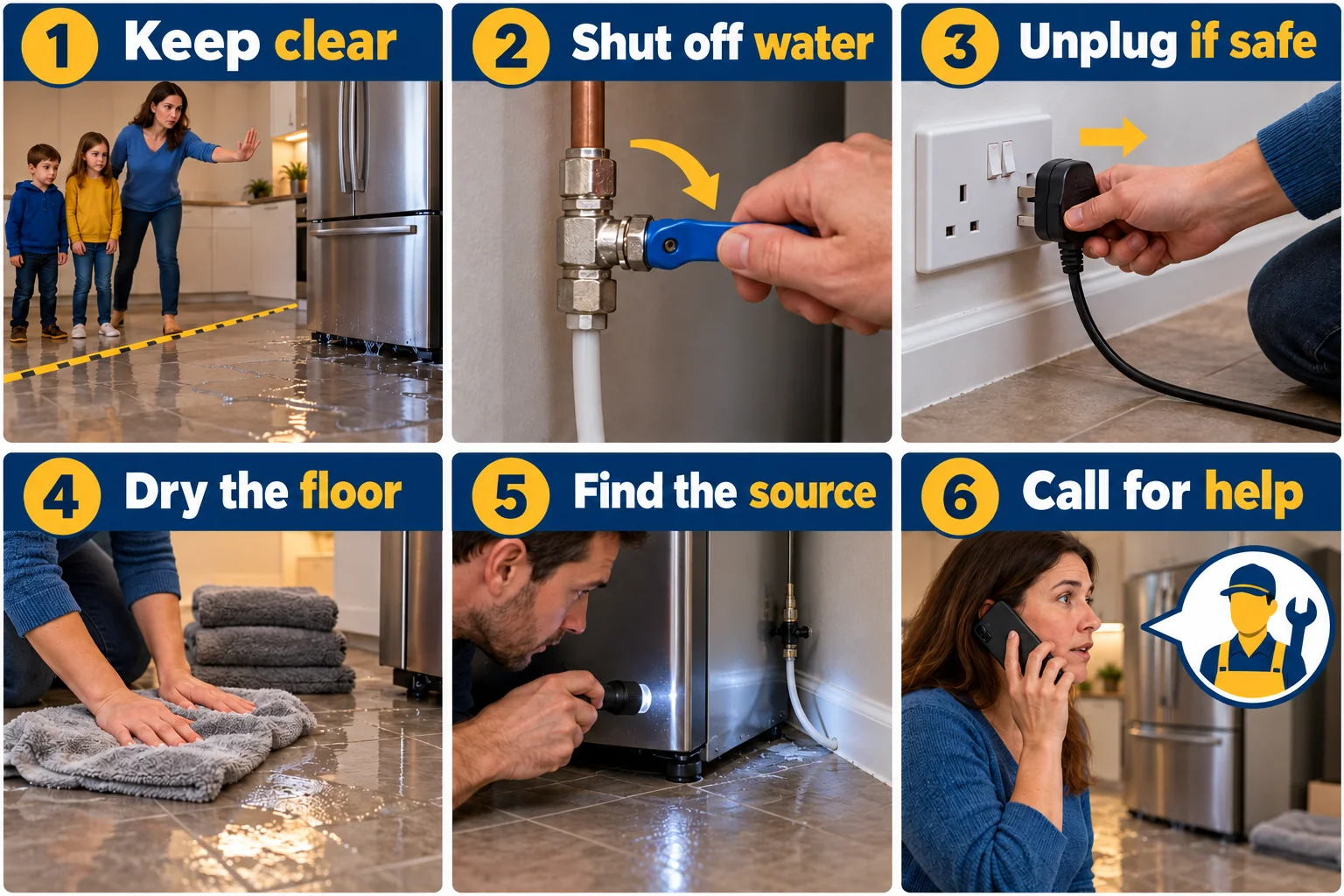 Six safety steps for a leaking refrigerator: keep clear, shut off water, unplug if safe, dry the floor, find the source and call for help