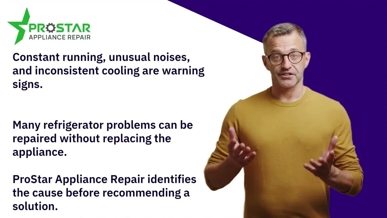 Appliance repair presenter explaining refrigerator warning signs and the repair-versus-replacement decision