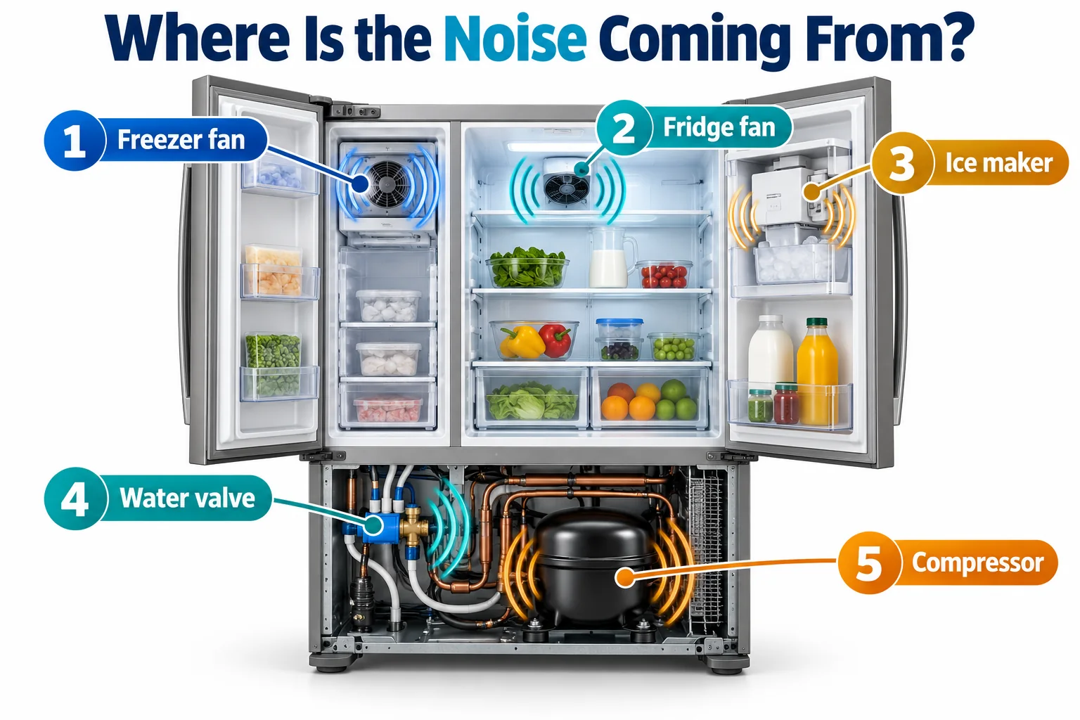 Refrigerator cutaway locating sounds from the freezer fan, fridge fan, ice maker, water valve and compressor