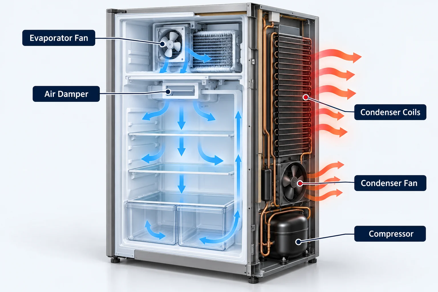 Cutaway refrigerator diagram labeling the evaporator fan, air damper, condenser coils, condenser fan and compressor