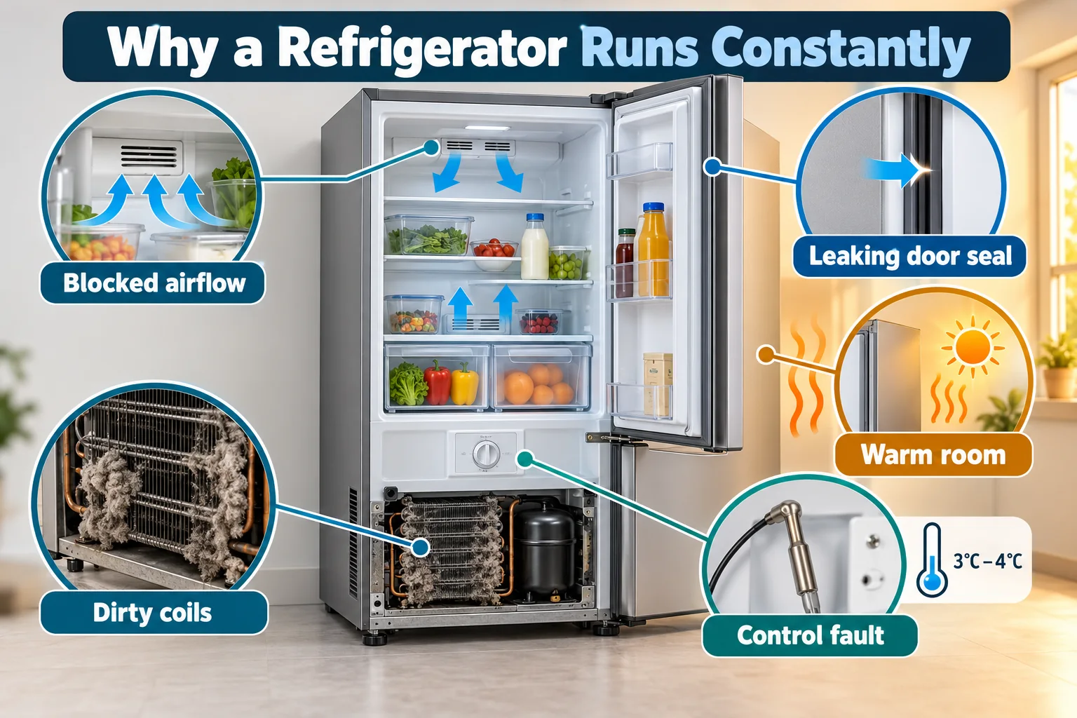 Diagram showing dirty condenser coils, a leaking door seal, blocked airflow, a warm room and a control fault as causes of constant refrigerator running