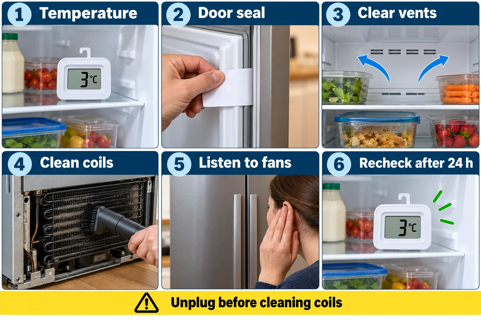 Six-step diagnostic sequence for a constantly running refrigerator: check temperature, door seal, vents, coils, fans and recheck after 24 hours