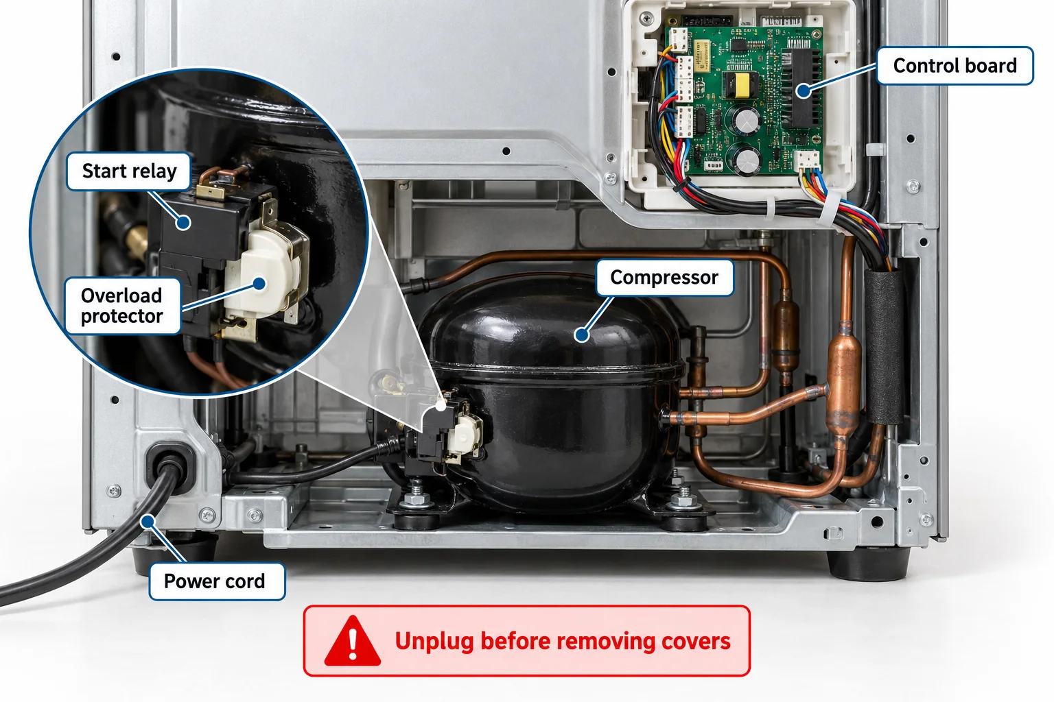 Rear refrigerator cutaway labeling the compressor, start relay, overload protector, power cord and control board
