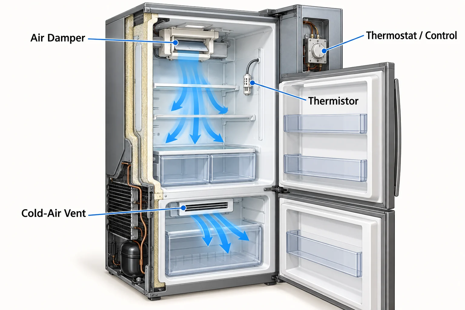 Cutaway refrigerator diagram labeling the air damper, thermistor, thermostat or control, and cold-air vent