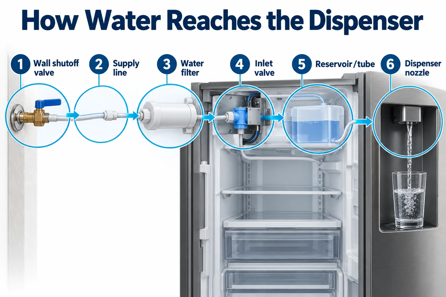 Diagram showing the refrigerator dispenser water path from wall valve to nozzle