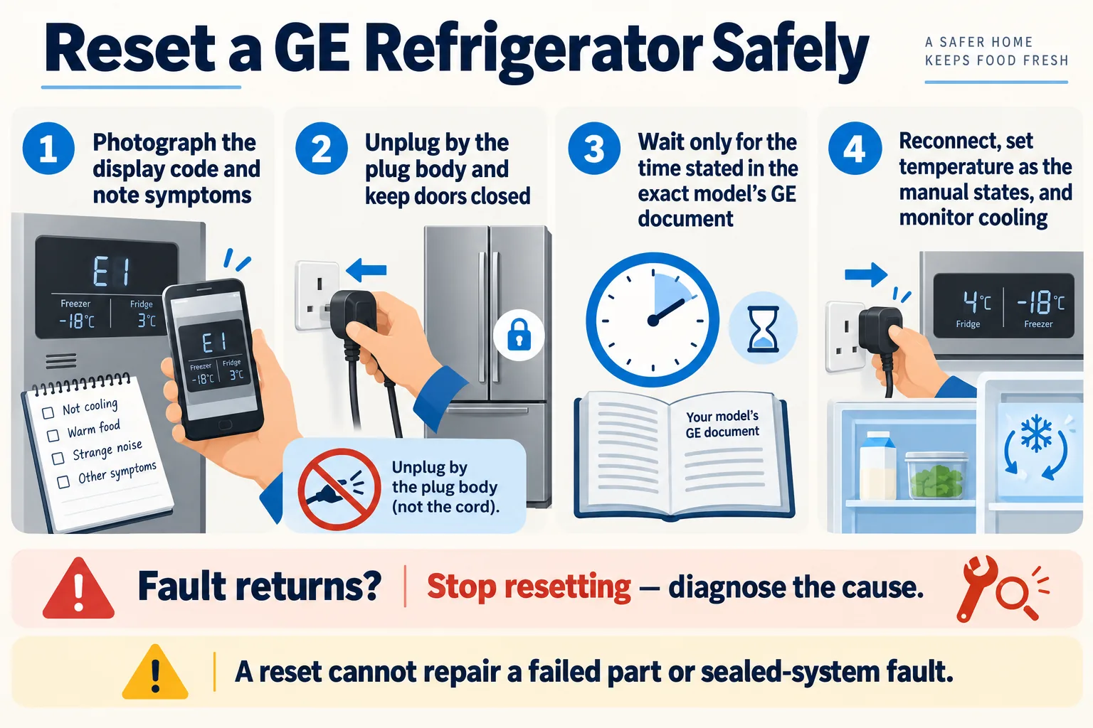 Four safe GE refrigerator reset steps: photograph the code, unplug by the plug body, wait for the exact model document time, then reconnect and monitor cooling