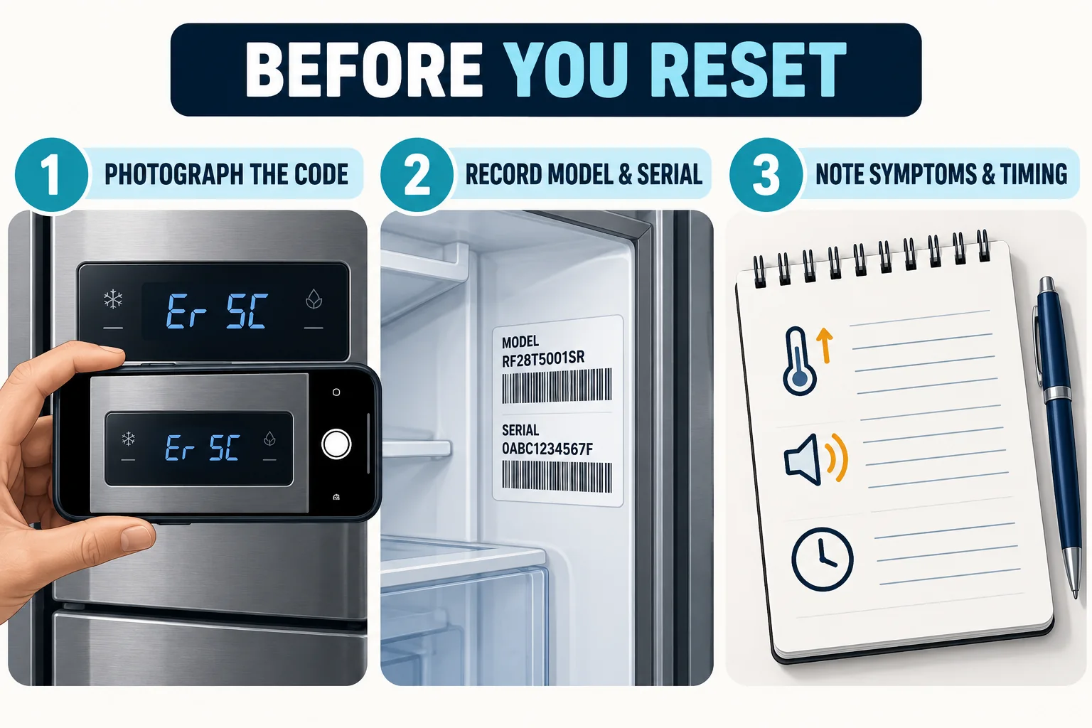 Three details to record before resetting a Samsung refrigerator: the code, model and serial, and symptoms and timing