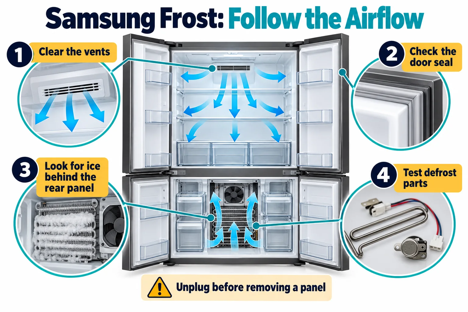 Four-step airflow diagnostic for Samsung refrigerator frost: clear vents, check the seal, inspect rear-panel ice and test defrost parts
