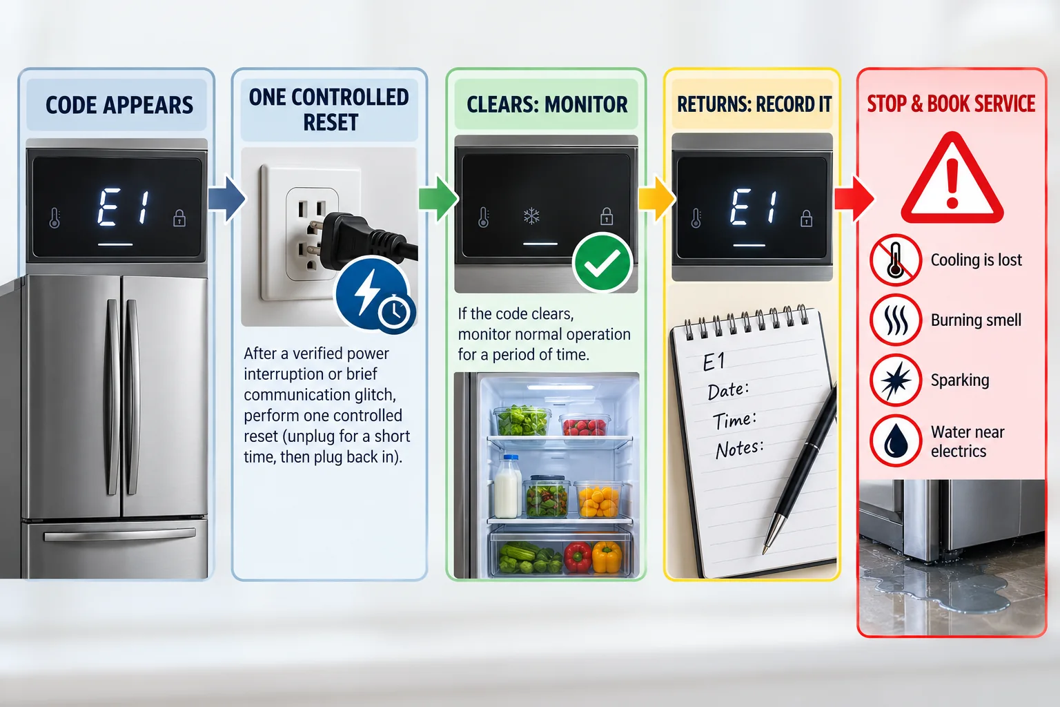 Samsung refrigerator error-code decision path from one controlled reset to monitoring or booking service