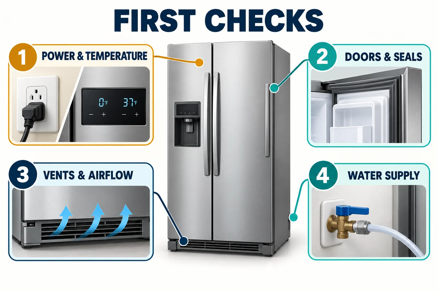 Four first checks for a side-by-side refrigerator: power and temperature, doors and seals, vents and airflow, and water supply