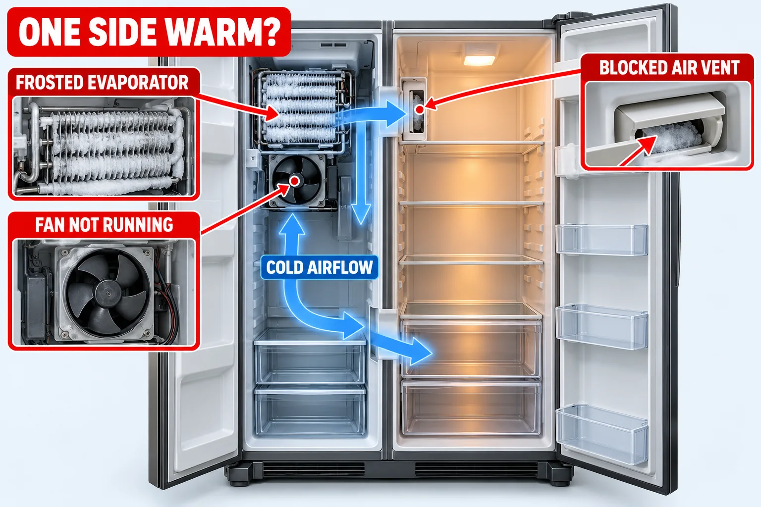 Side-by-side refrigerator cutaway showing a frosted evaporator, stopped fan and blocked air vent that can leave one side warm