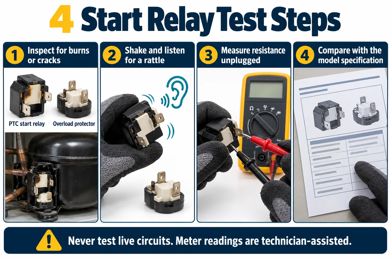 Four steps used to test a refrigerator start relay