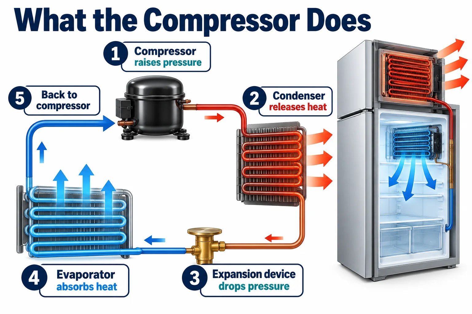Diagram showing the compressor, condenser, expansion device and evaporator refrigeration loop