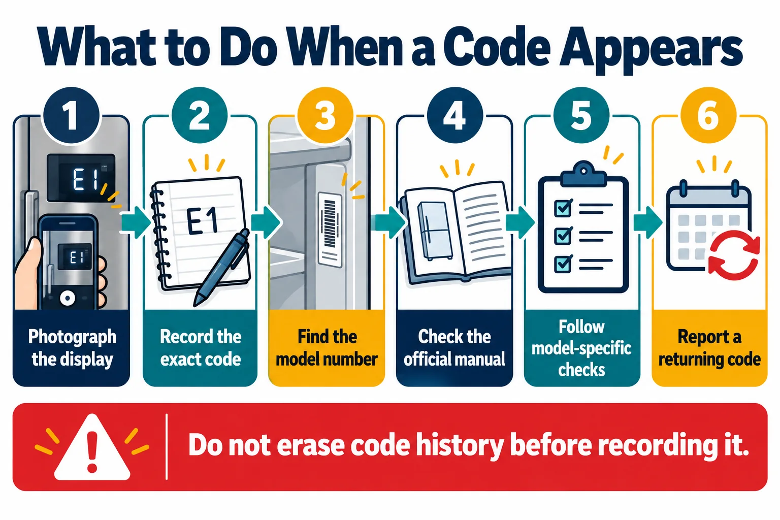 Six steps to record and interpret a refrigerator error code using the model-specific manual